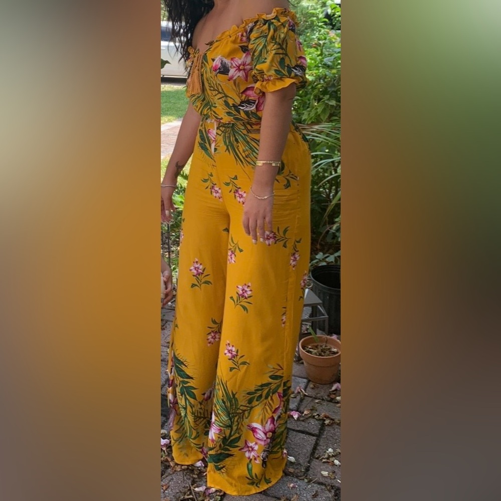 Fashion Nova Yellow Floral Wide Leg Pants